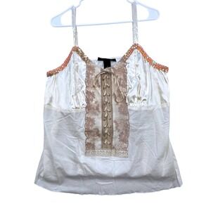 Vintage Y2K Cami Tank Top Women 16 Cream Lace-Up‎ Sequin Coquette Romantic Luxe